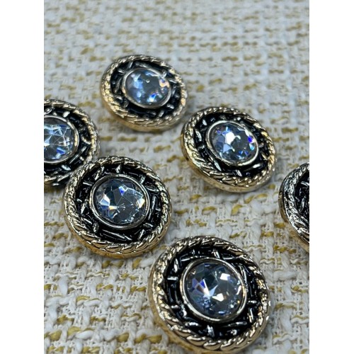✨ Siyah Altın Çerçeveli Kristal Taşlı Metal Dekoratif Düğme 23 MM (6 ADET)