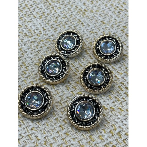 ✨ Siyah Altın Çerçeveli Kristal Taşlı Metal Dekoratif Düğme 23 MM (6 ADET)