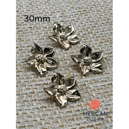 30 mm Metal Çiçek Düğme – Parlak Altın Renk | Şık ve Detaylı Tasarım